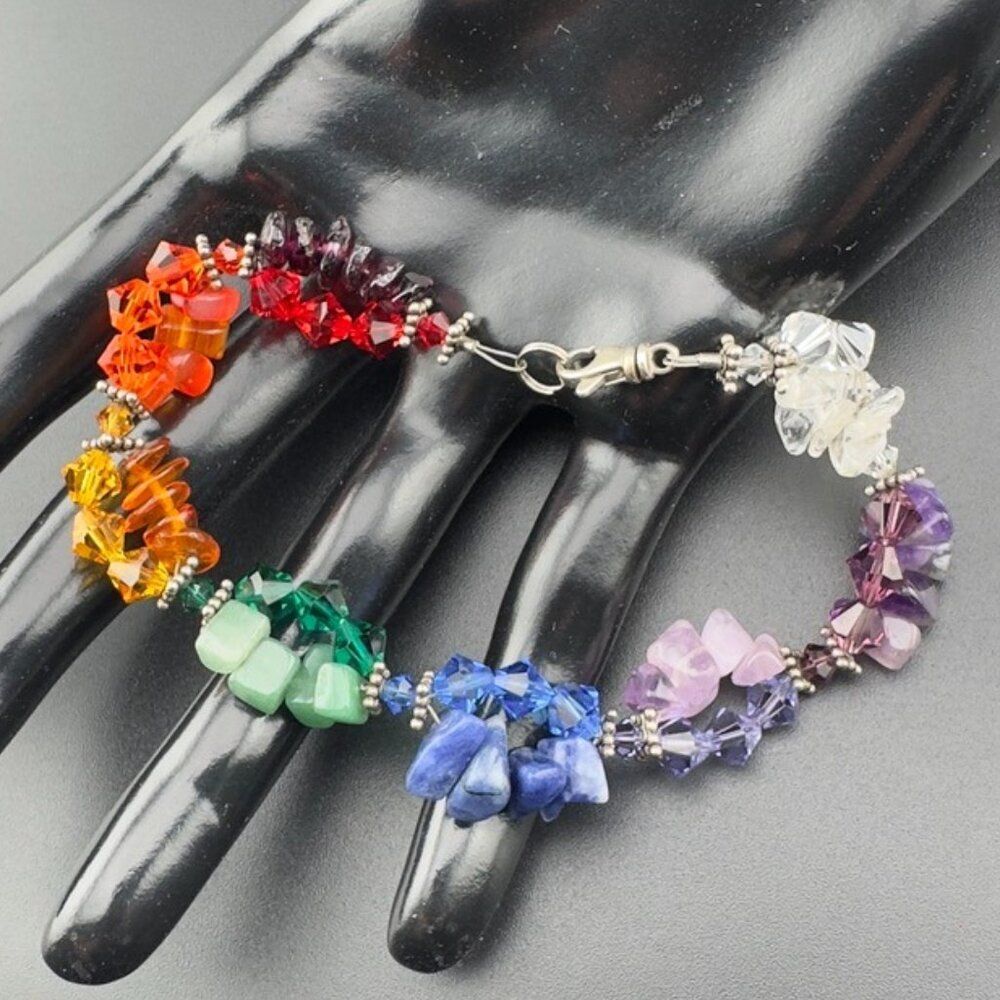 Artisan Sterling Silver Beaded Multi-Gemstone Cluster Rainbow Bracelet 7.5"